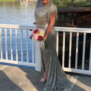 Sherri Hill Silver Beaded Fringe Dress